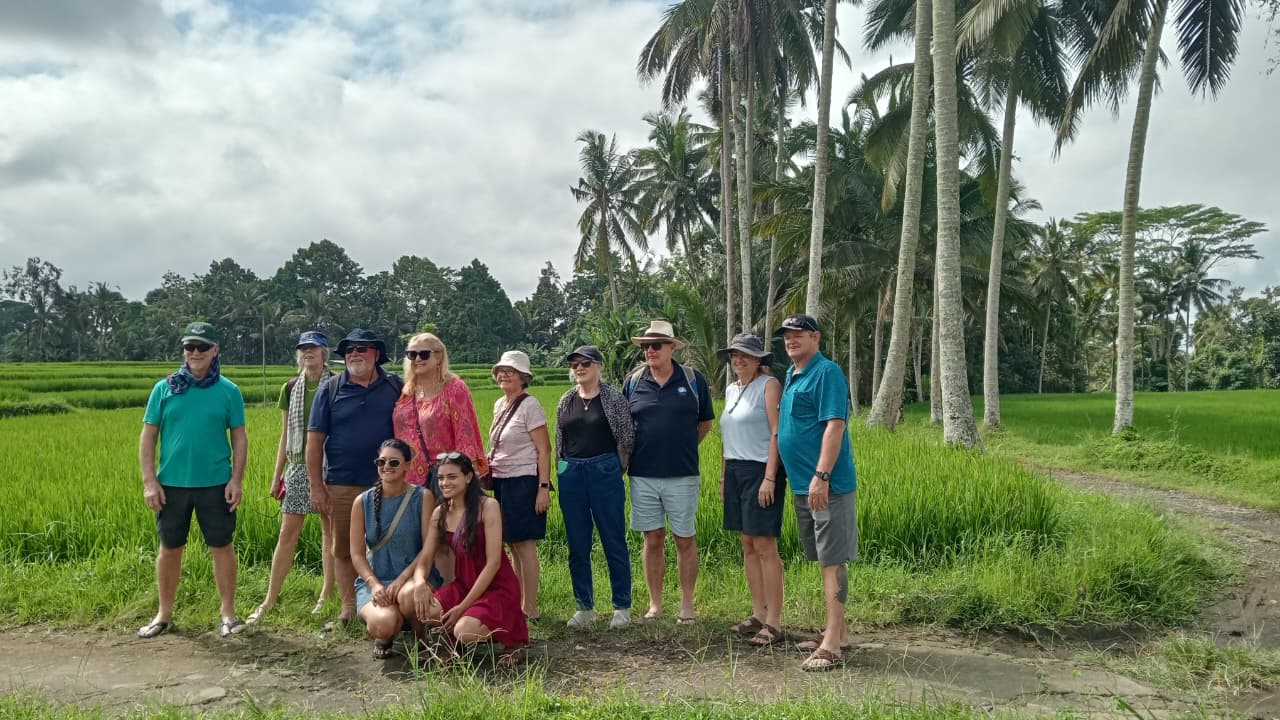 Group trekking through rice terraces