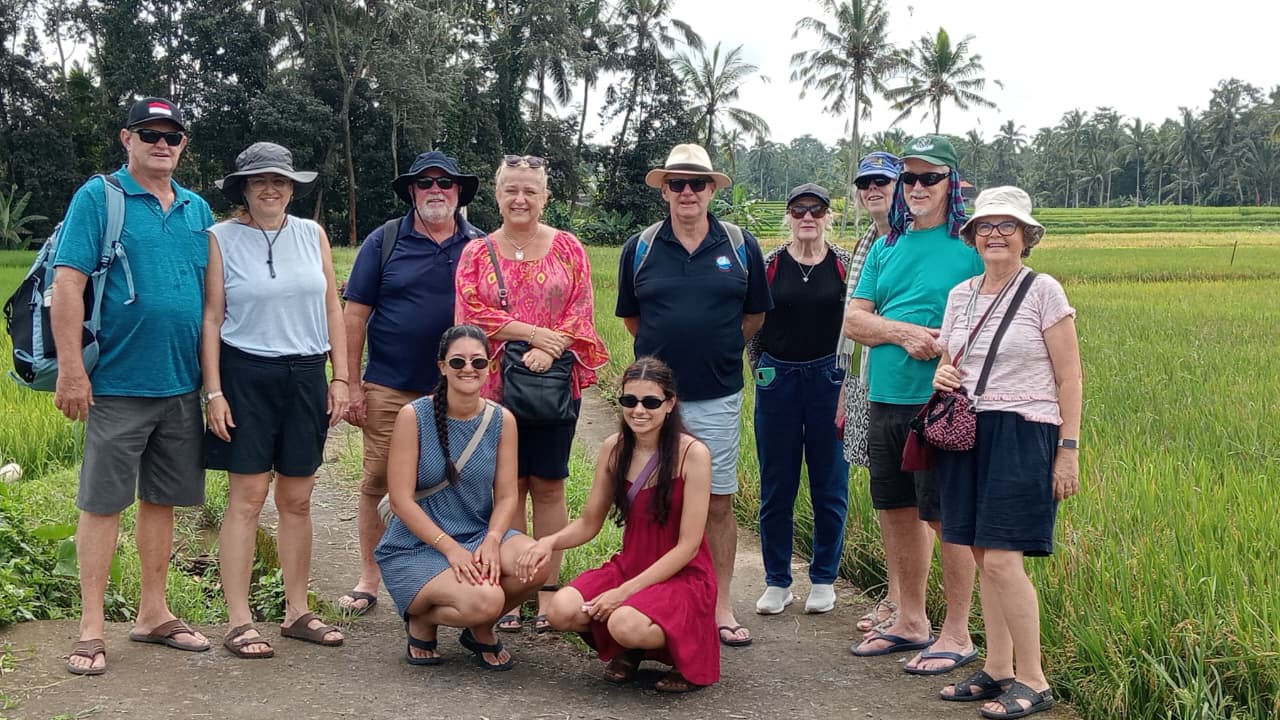 Trekking group in rice fields